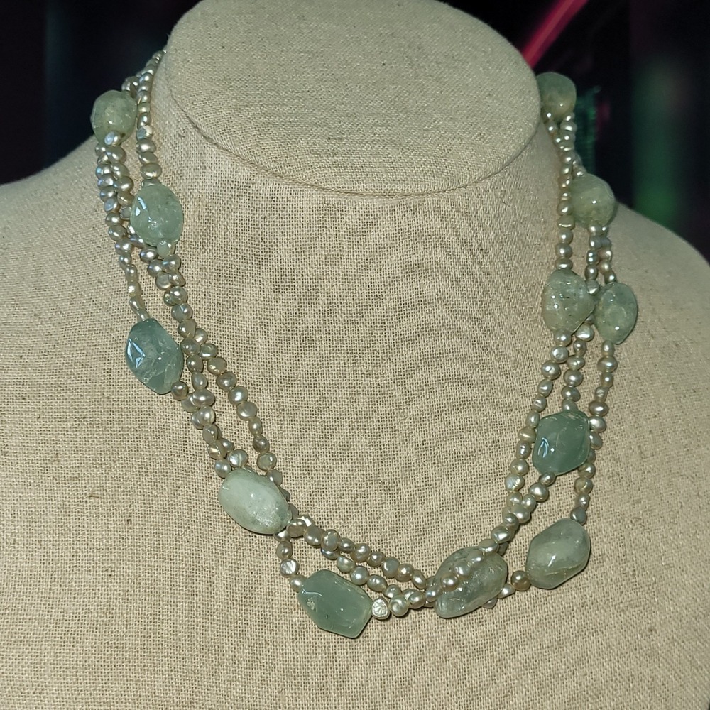 Vintage 925 Sterling Silver Aquamarine Freshwater Pearl 3 Strand Necklace 16in